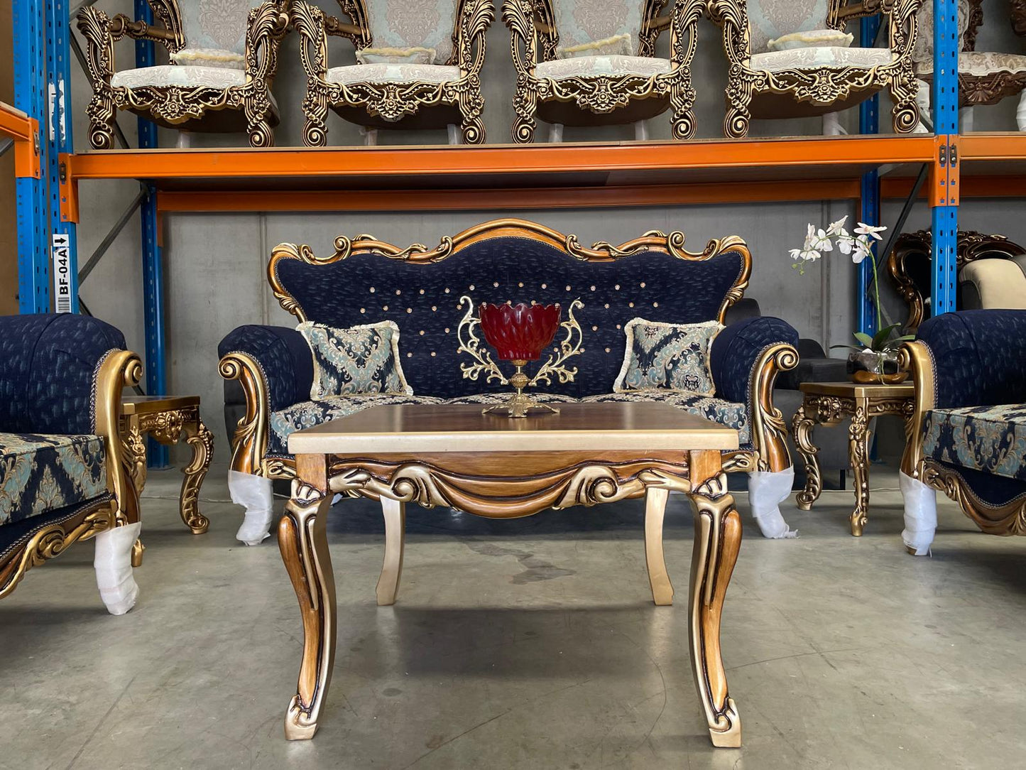 Medna 7-Seater sofa set – Hand-Carved Hardwood, Persian Fabric & Matching Tables