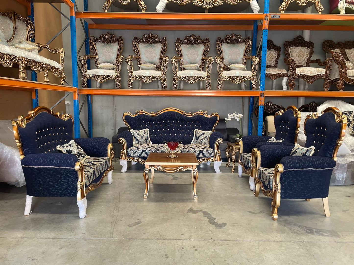 Medna 7-Seater sofa set – Hand-Carved Hardwood, Persian Fabric & Matching Tables
