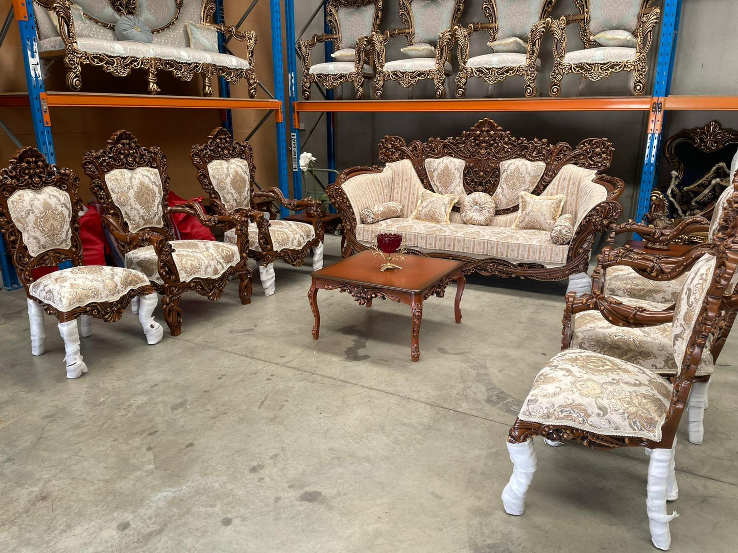 Almas 9-Seater sofa set – Hand-Carved Hardwood, Persian Fabric & Matching Tables