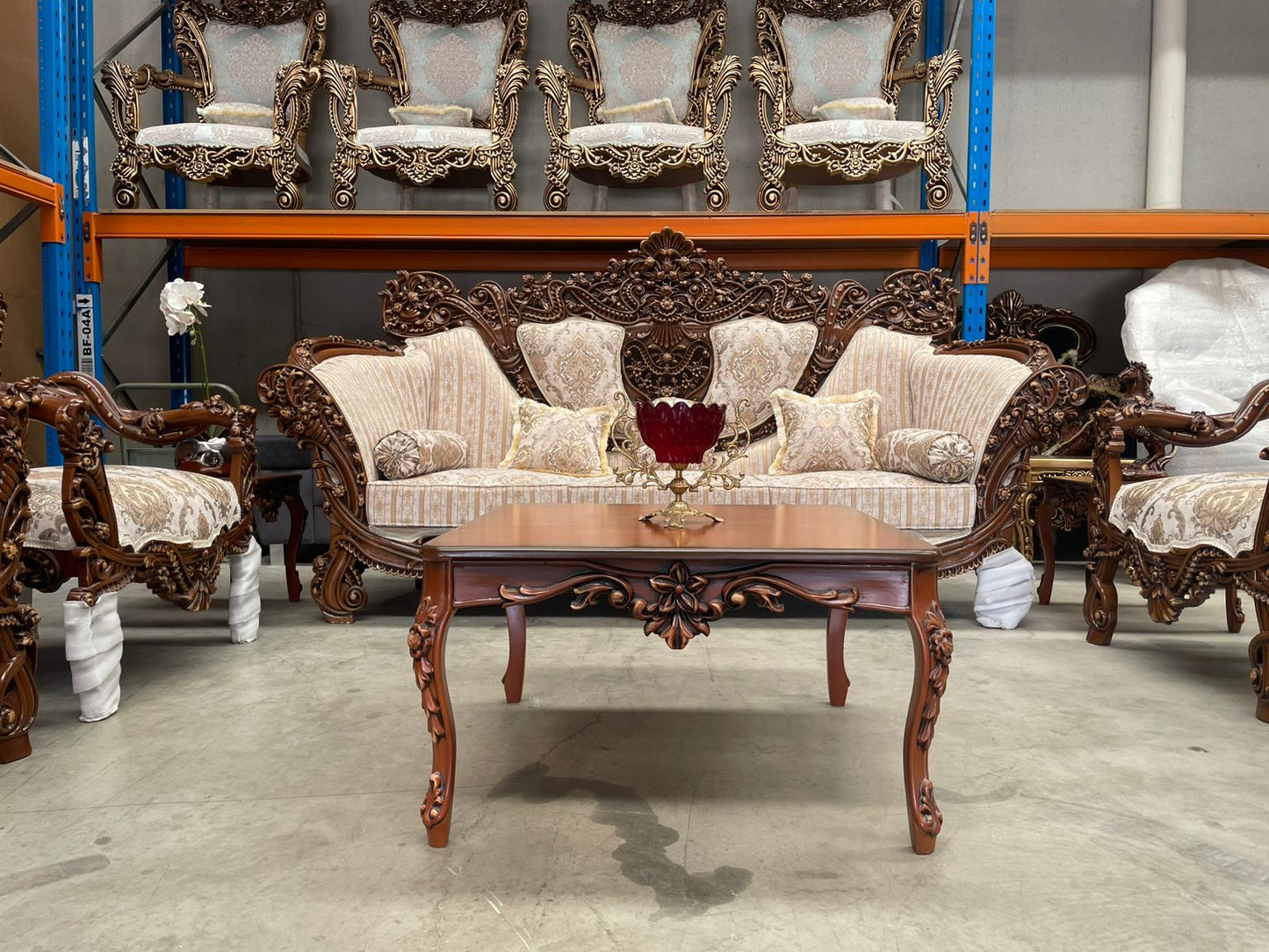 Almas 9-Seater sofa set – Hand-Carved Hardwood, Persian Fabric & Matching Tables