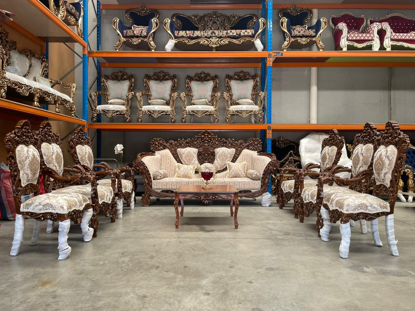 Almas 9-Seater sofa set – Hand-Carved Hardwood, Persian Fabric & Matching Tables
