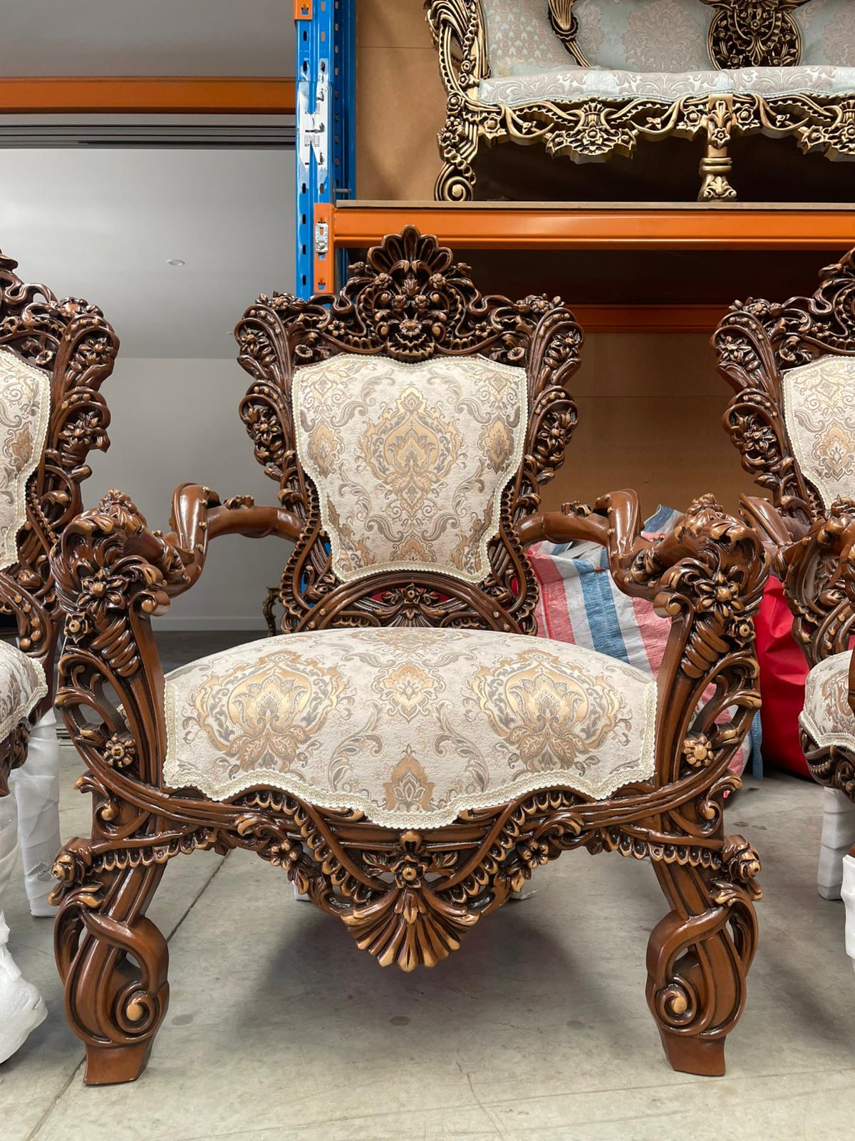 Almas 9-Seater sofa set – Hand-Carved Hardwood, Persian Fabric & Matching Tables