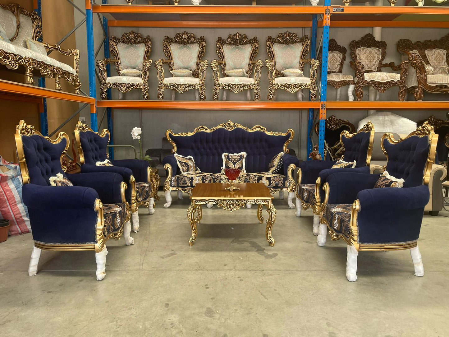 Nirowana 7-Seater Sofa Set With Hand-Carved Wooden Detailing, Persian Fabric & Matching Tables