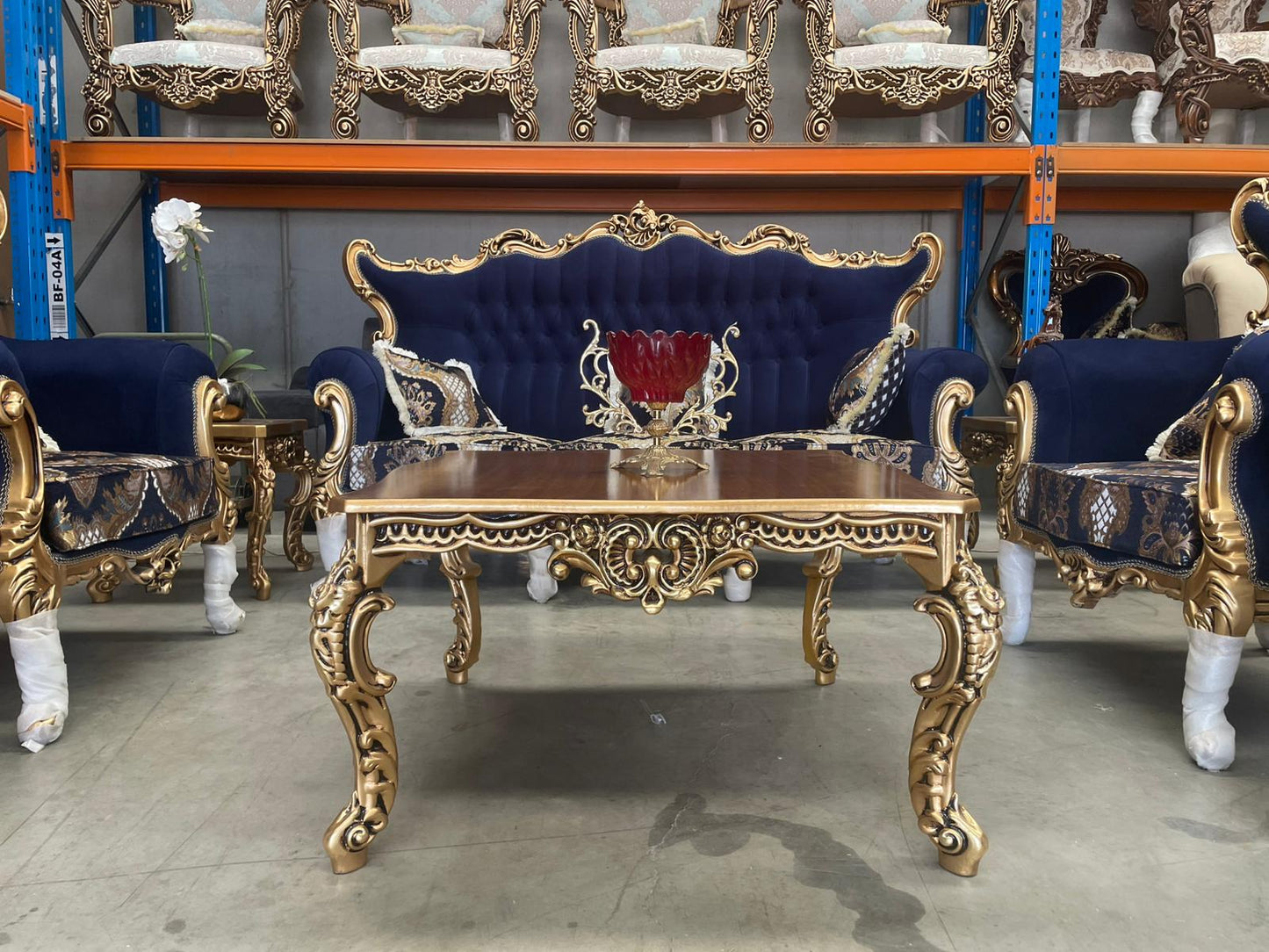 Nirowana 7-Seater Sofa Set With Hand-Carved Wooden Detailing, Persian Fabric & Matching Tables