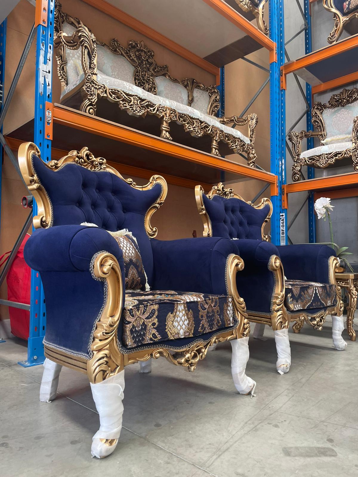 Nirowana 7-Seater Sofa Set With Hand-Carved Wooden Detailing, Persian Fabric & Matching Tables
