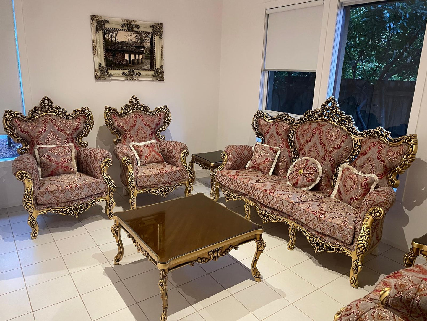Negin 7-Seater Sofa Set, Hand-Carved Hardwood, Persian Fabric & Matching Tables