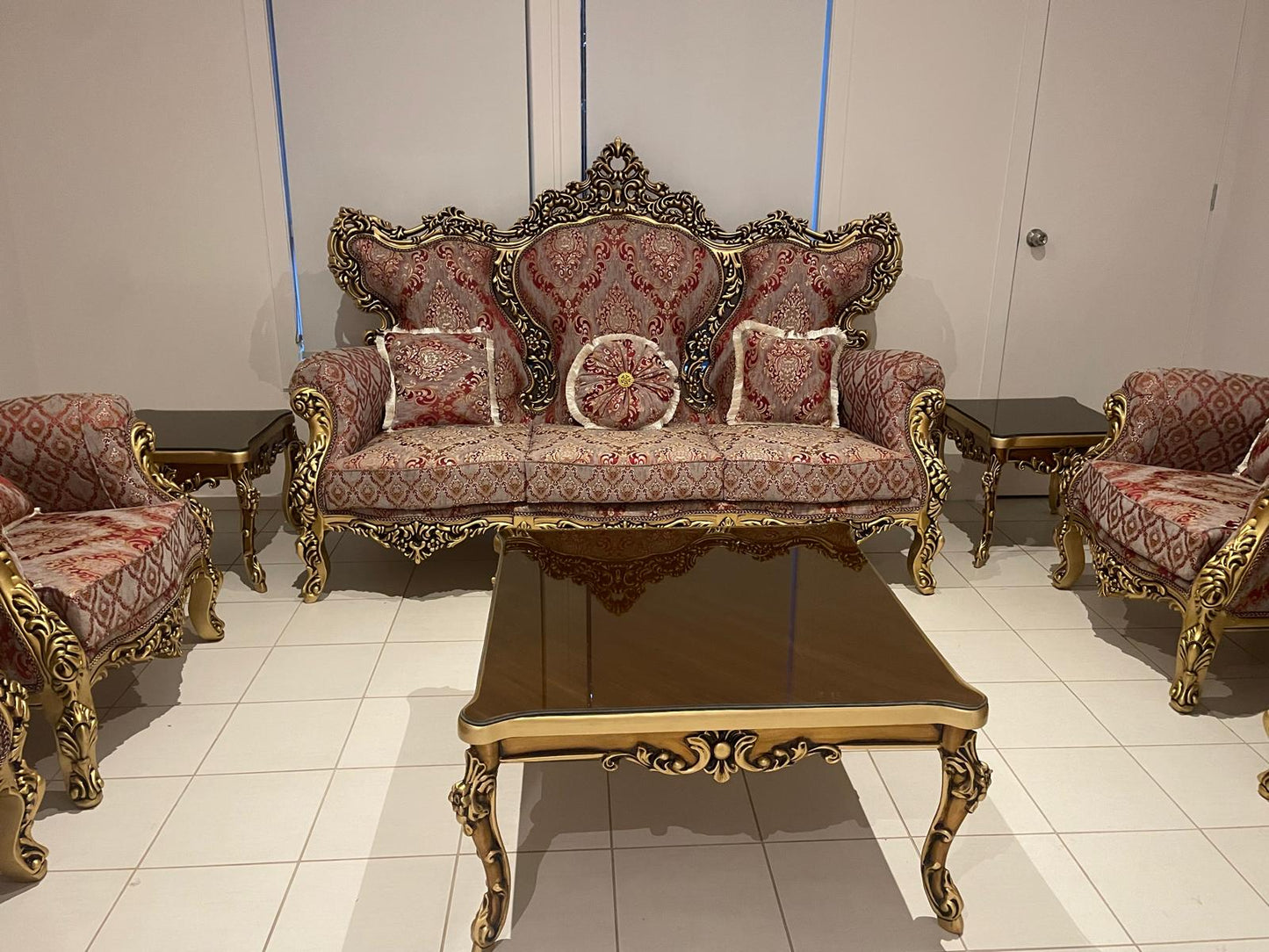 Negin 7-Seater Sofa Set, Hand-Carved Hardwood, Persian Fabric & Matching Tables