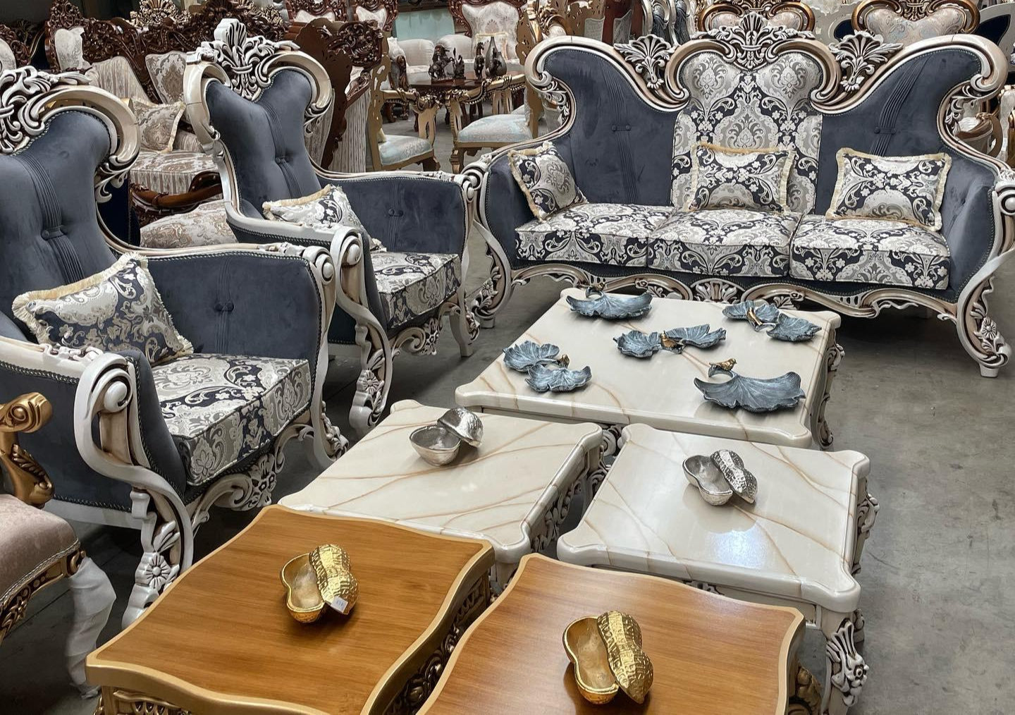 Epic 7-Seater Sofa Set - Grey & White Elegance with Matching Tables