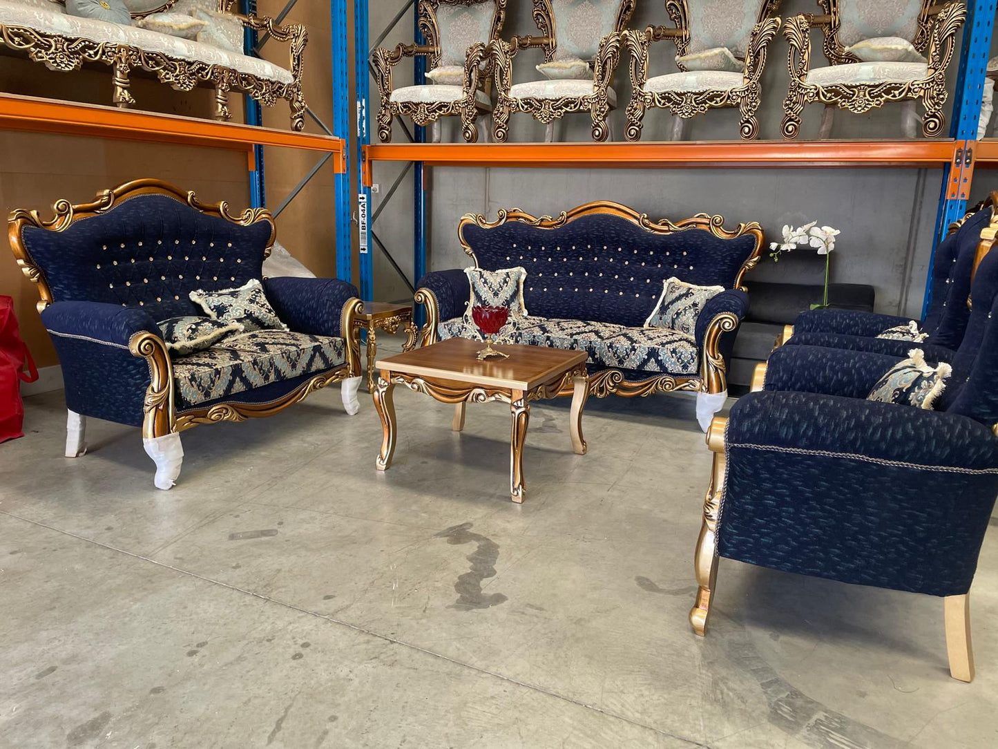 Medna 7-Seater sofa set – Hand-Carved Hardwood, Persian Fabric & Matching Tables
