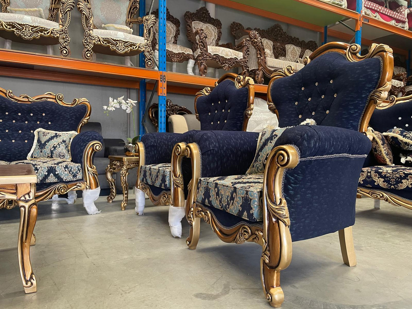 Medna 7-Seater sofa set – Hand-Carved Hardwood, Persian Fabric & Matching Tables