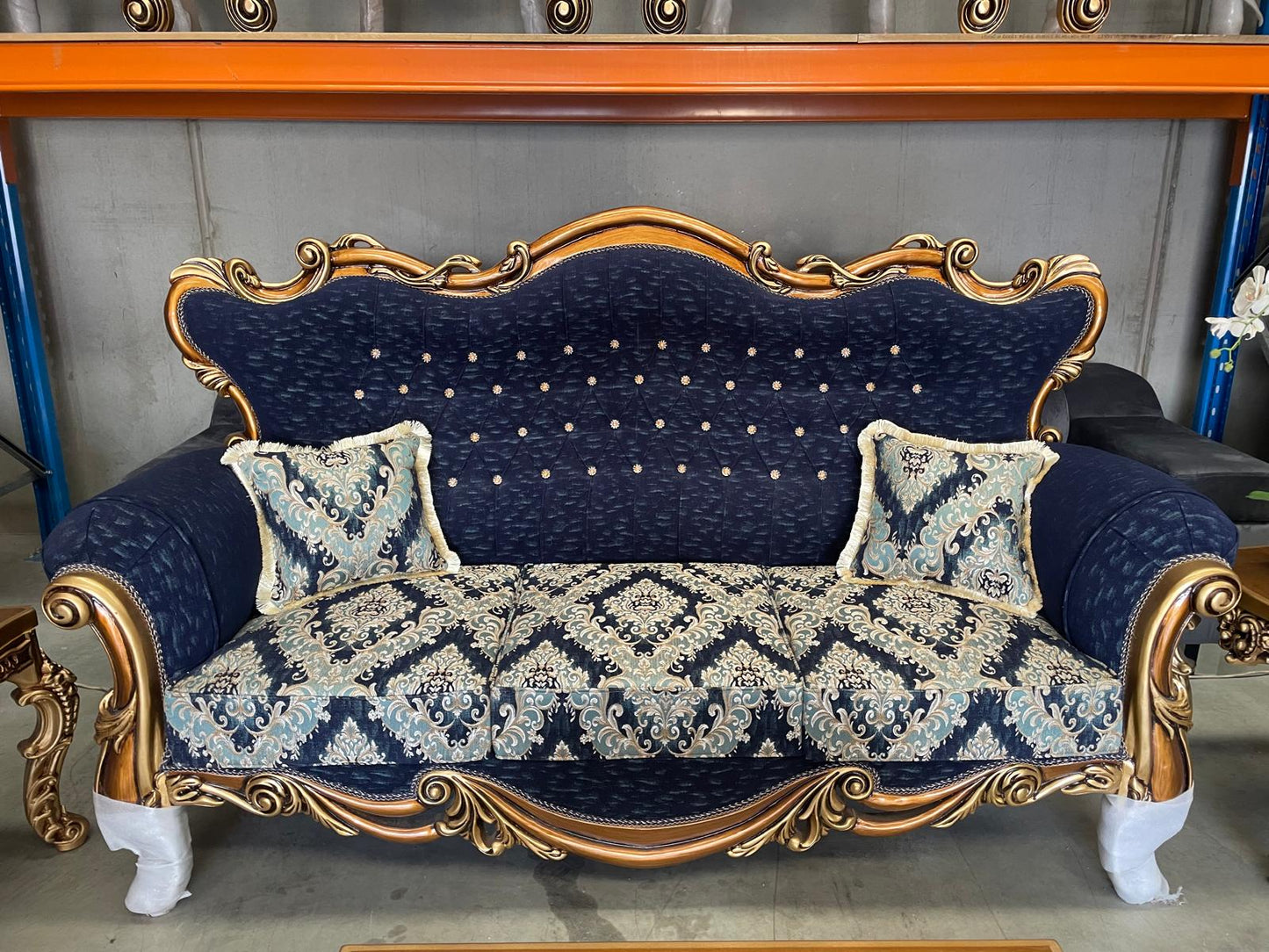 Medna 7-Seater sofa set – Hand-Carved Hardwood, Persian Fabric & Matching Tables