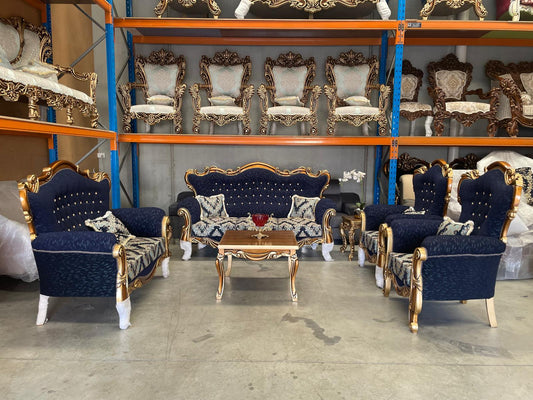 Medna 7-Seater sofa set – Hand-Carved Hardwood, Persian Fabric & Matching Tables