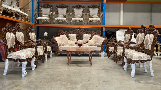 Almas 9-Seater sofa set – Hand-Carved Hardwood, Persian Fabric & Matching Tables