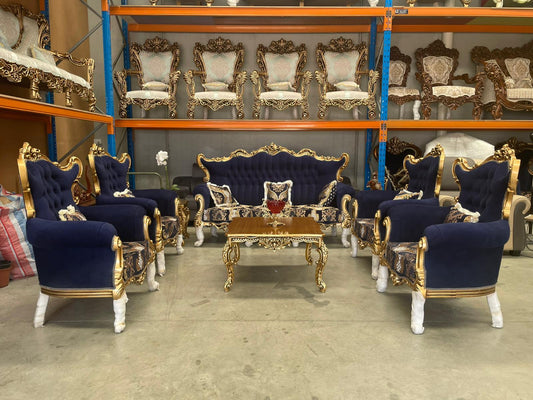 Nirowana 7-Seater Sofa Set With Hand-Carved Wooden Detailing, Persian Fabric & Matching Tables