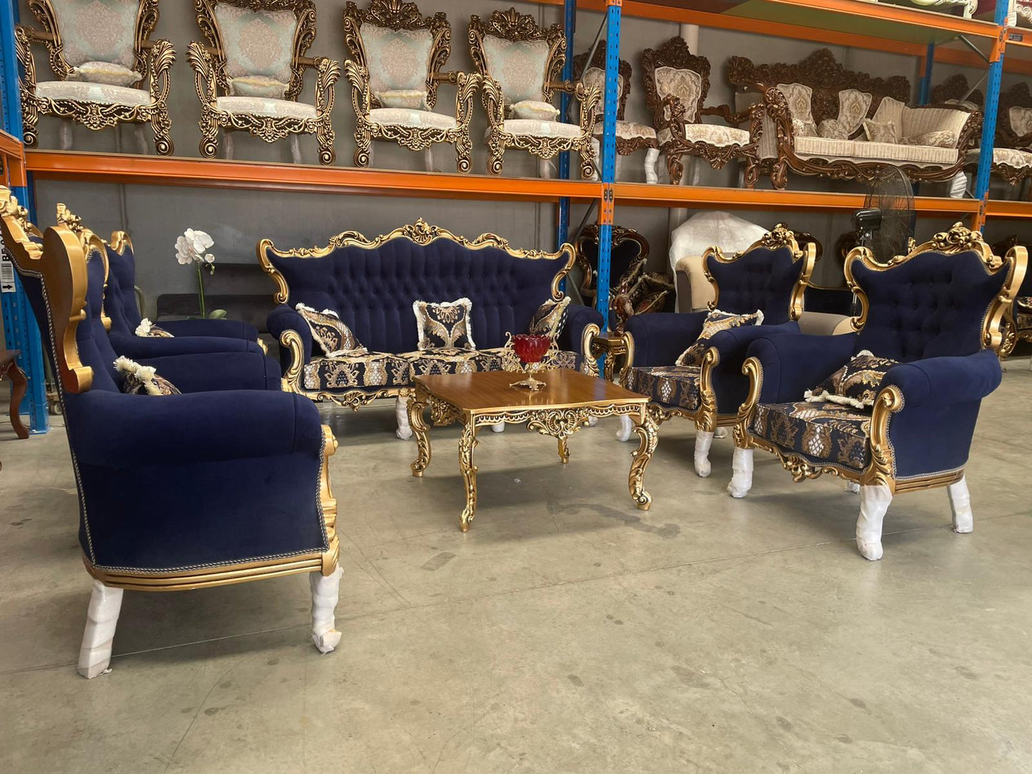 Nirowana 7-Seater Sofa Set With Hand-Carved Wooden Detailing, Persian Fabric & Matching Tables