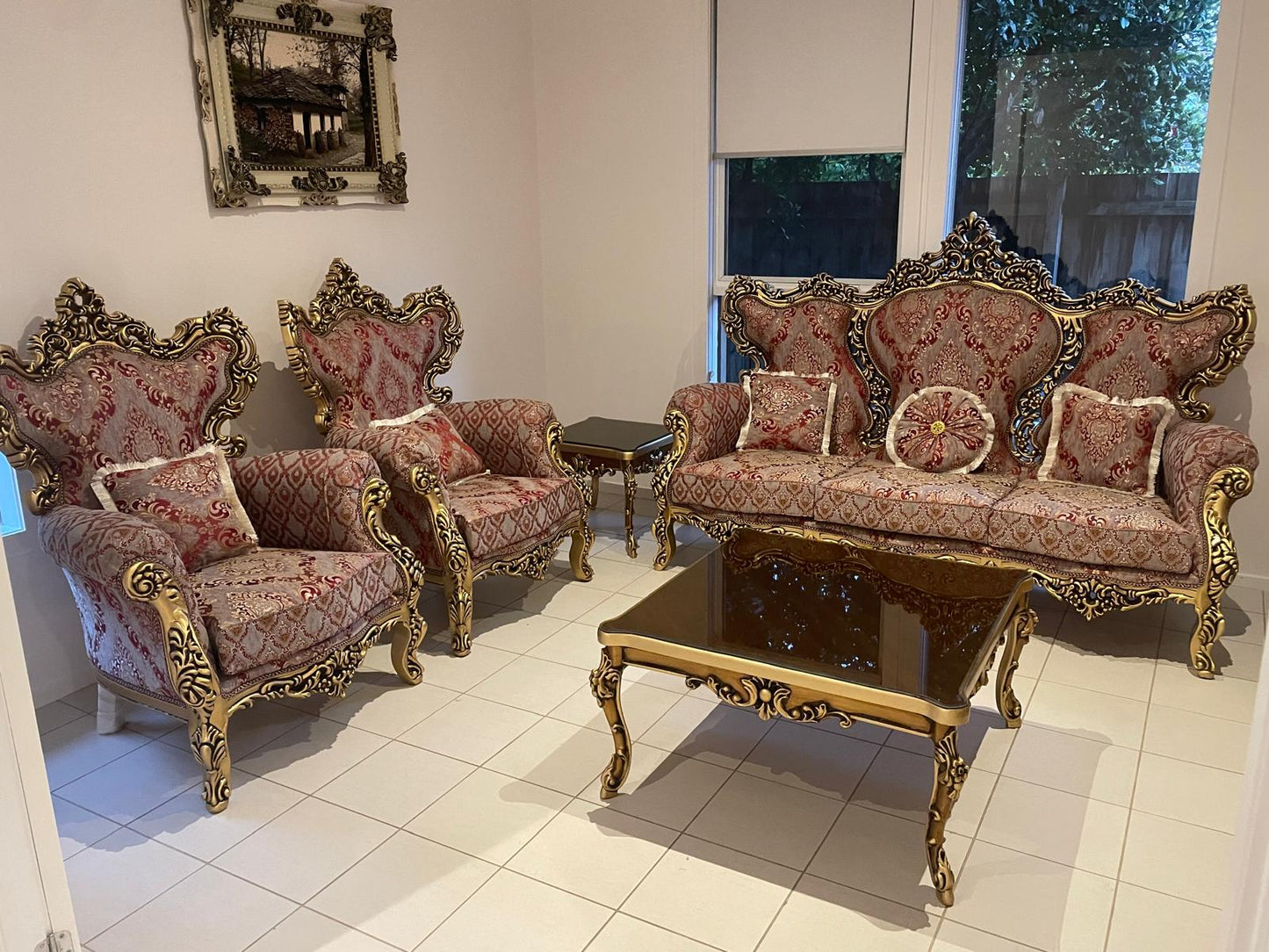 Negin 7-Seater Sofa Set, Hand-Carved Hardwood, Persian Fabric & Matching Tables
