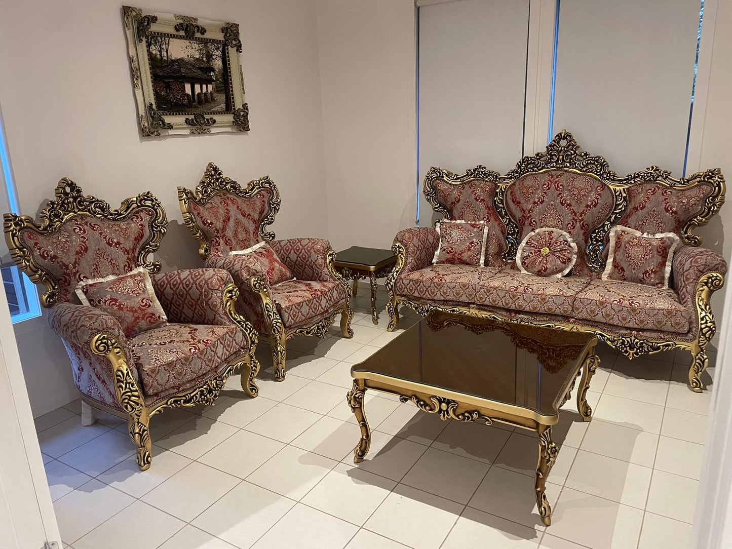 Negin 7-Seater Sofa Set, Hand-Carved Hardwood, Persian Fabric & Matching Tables