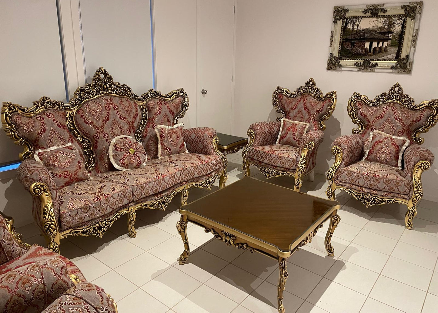Negin 7-Seater Sofa Set, Hand-Carved Hardwood, Persian Fabric & Matching Tables