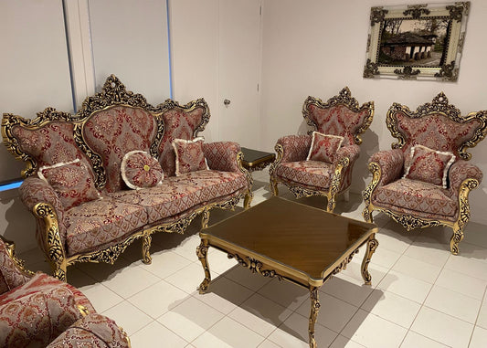 Negin 7-Seater Sofa Set, Hand-Carved Hardwood, Persian Fabric & Matching Tables