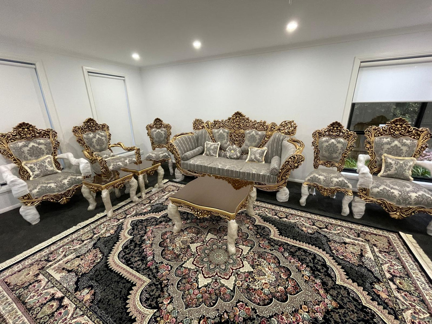 Almas 9-Seater sofa set – Hand-Carved Hardwood, Persian Fabric & Matching Tables