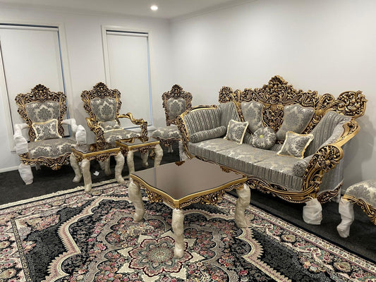 Almas 9-Seater sofa set – Hand-Carved Hardwood, Persian Fabric & Matching Tables
