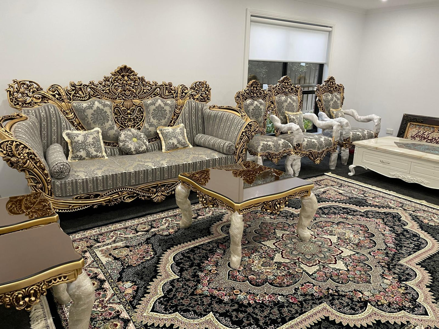 Almas 9-Seater sofa set – Hand-Carved Hardwood, Persian Fabric & Matching Tables