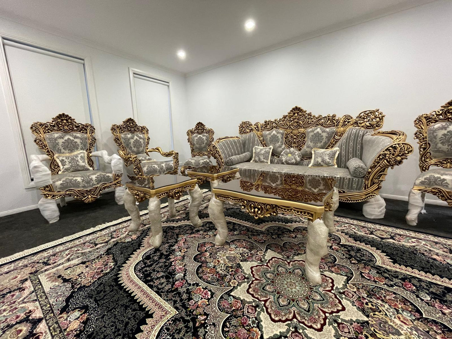 Almas 9-Seater sofa set – Hand-Carved Hardwood, Persian Fabric & Matching Tables