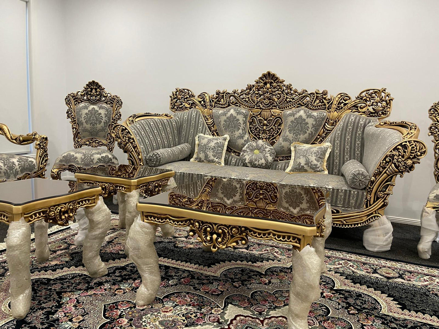 Almas 9-Seater sofa set – Hand-Carved Hardwood, Persian Fabric & Matching Tables