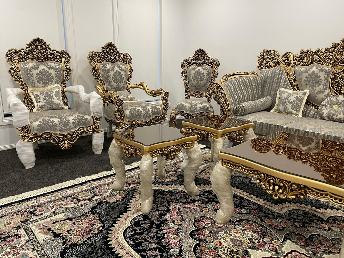 Almas 9-Seater sofa set – Hand-Carved Hardwood, Persian Fabric & Matching Tables